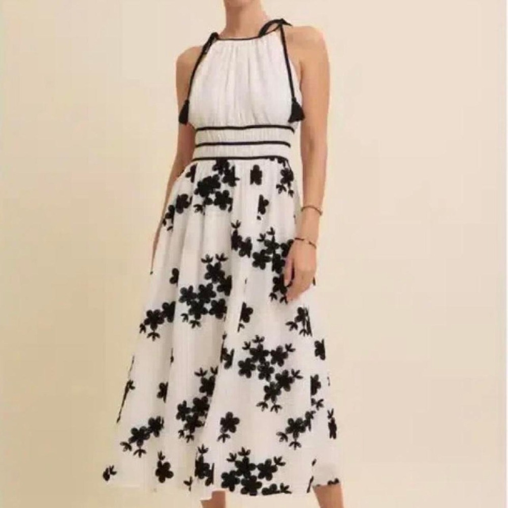 Black & White Floral Embroidered Tassel Midi Dress Cottagecore Garden Party